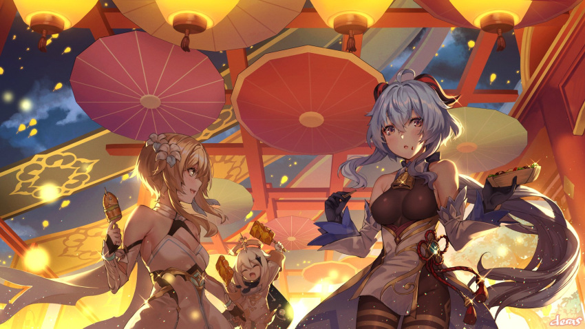 3girls :o ahoge artist_name bangs bare_shoulders bell black_gloves blonde_hair blue_hair breasts chinese_knot cleavage closed_eyes deras detached_sleeves dress flower flower_knot food food_on_face ganyu_(genshin_impact) genshin_impact gloves hair_flower hair_ornament highres horns lantern long_hair looking_at_another looking_at_viewer low_ponytail lumine_(genshin_impact) medium_breasts multiple_girls neck_bell night open_mouth outdoors paimon_(genshin_impact) short_hair_with_long_locks sidelocks smile standing tassel vision_(genshin_impact) white_dress white_flower white_hair