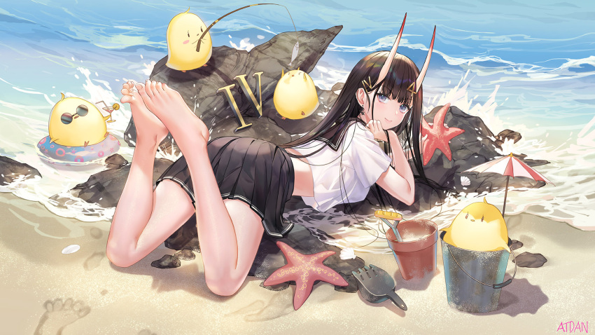 1girl ass atdan azur_lane bangs barefoot beach bird black_eyes black_hair black_sailor_collar black_skirt breasts bucket chick closed_mouth commentary crop_top crop_top_overhang day earrings english_commentary eyebrows_visible_through_hair feet from_behind full_body highres horns jewelry legs_up long_hair looking_at_viewer looking_back lying manjuu_(azur_lane) medium_breasts midriff miniskirt noshiro_(azur_lane) ocean on_stomach oni_horns outdoors pleated_skirt rock sailor_collar sand school_uniform serafuku shirt short_sleeves skirt smile solo starfish water white_shirt