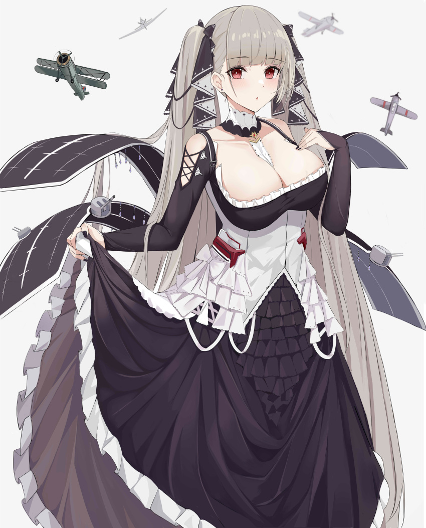 1girl absurdres aircraft airplane azur_lane bare_shoulders between_breasts biplane black_dress black_nails breasts cleavage clothes_lift clothing_cutout dress dress_lift flight_deck formidable_(azur_lane) frilled_dress frills gothic_lolita grey_hair highres kuyoumi large_breasts lolita_fashion long_hair looking_at_viewer red_eyes ribbon shoulder_cutout simple_background skirt_hold solo swordfish_(airplane) twintails two-tone_dress two-tone_ribbon very_long_hair white_background white_dress