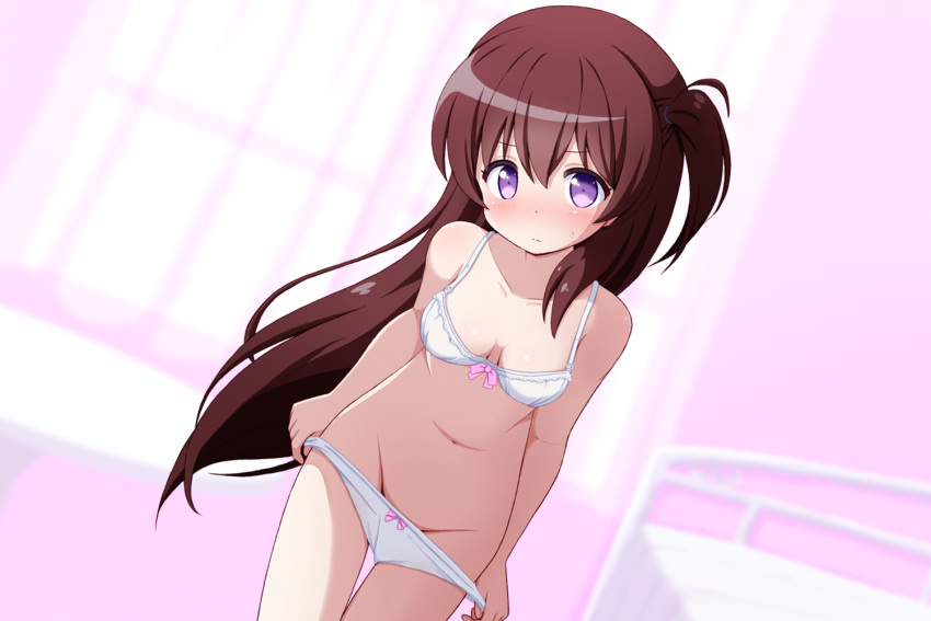 1girl blush bow bow_panties bra breasts brown_hair groin leaning_forward long_hair looking_at_viewer mogura2009 navel original panties panty_pull pink_eyes pulled_by_self side_ponytail small_breasts solo thigh_gap thighs underwear underwear_only undressing white_bra white_panties