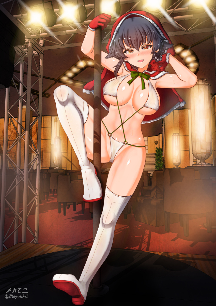 1girl aquaegg bikini black_hair blush boots braid breasts brown_eyes cameltoe capelet christmas eyebrows_visible_through_hair fur_trim girls_und_panzer hat highres indoors large_breasts looking_at_viewer navel open_mouth pepperoni_(girls_und_panzer) pole_dancing santa_hat shiny shiny_hair shiny_skin short_hair smile solo swimsuit thigh_boots thighhighs white_bikini white_legwear