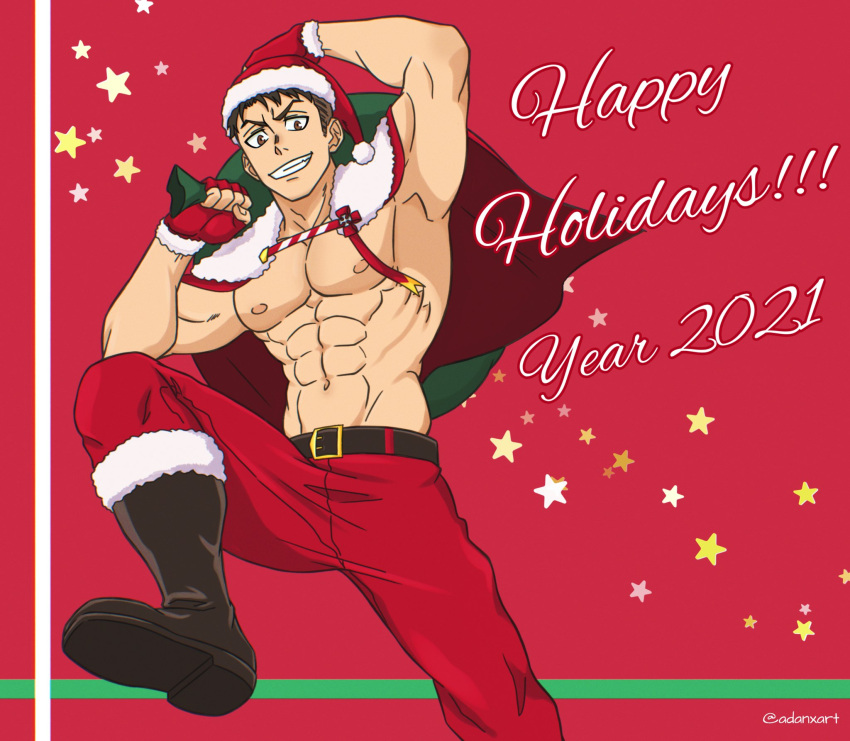 1boy abs akitaru_oubi bara bare_pectorals black_hair capelet christmas danichigo en'en_no_shouboutai foot_out_of_frame grin happy_holidays hat highres jumping looking_at_viewer male_focus muscular muscular_male navel nipples no_shirt pectorals red_capelet santa_costume santa_hat short_hair sideburns smile solo stomach
