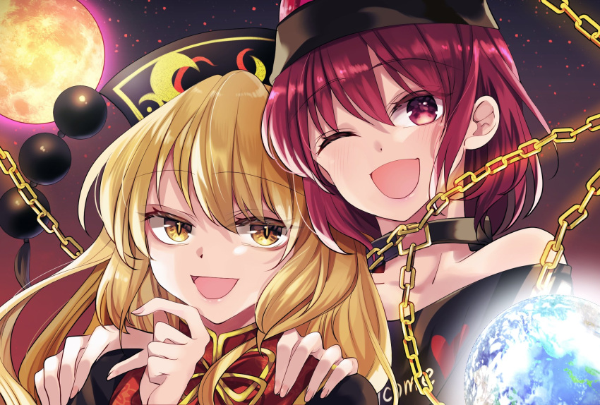 2girls :d ;d alternate_eye_color arm_up bangs black_choker black_shirt blonde_hair blush chain chinese_clothes choker clothes_writing collarbone commentary_request earth_(ornament) eyebrows_visible_through_hair eyelashes fingernails glowing gold_chain hands_on_another's_shoulders happy hecatia_lapislazuli highres junko_(touhou) katayama_kei lips long_hair looking_at_viewer medium_hair moon_(ornament) multiple_girls off-shoulder_shirt off_shoulder one_eye_closed open_mouth phoenix_crown polos_crown red_eyes red_hair ribbon shiny shiny_hair shirt sidelocks slit_pupils smile standing t-shirt tassel tongue touhou upper_body yellow_eyes yellow_ribbon