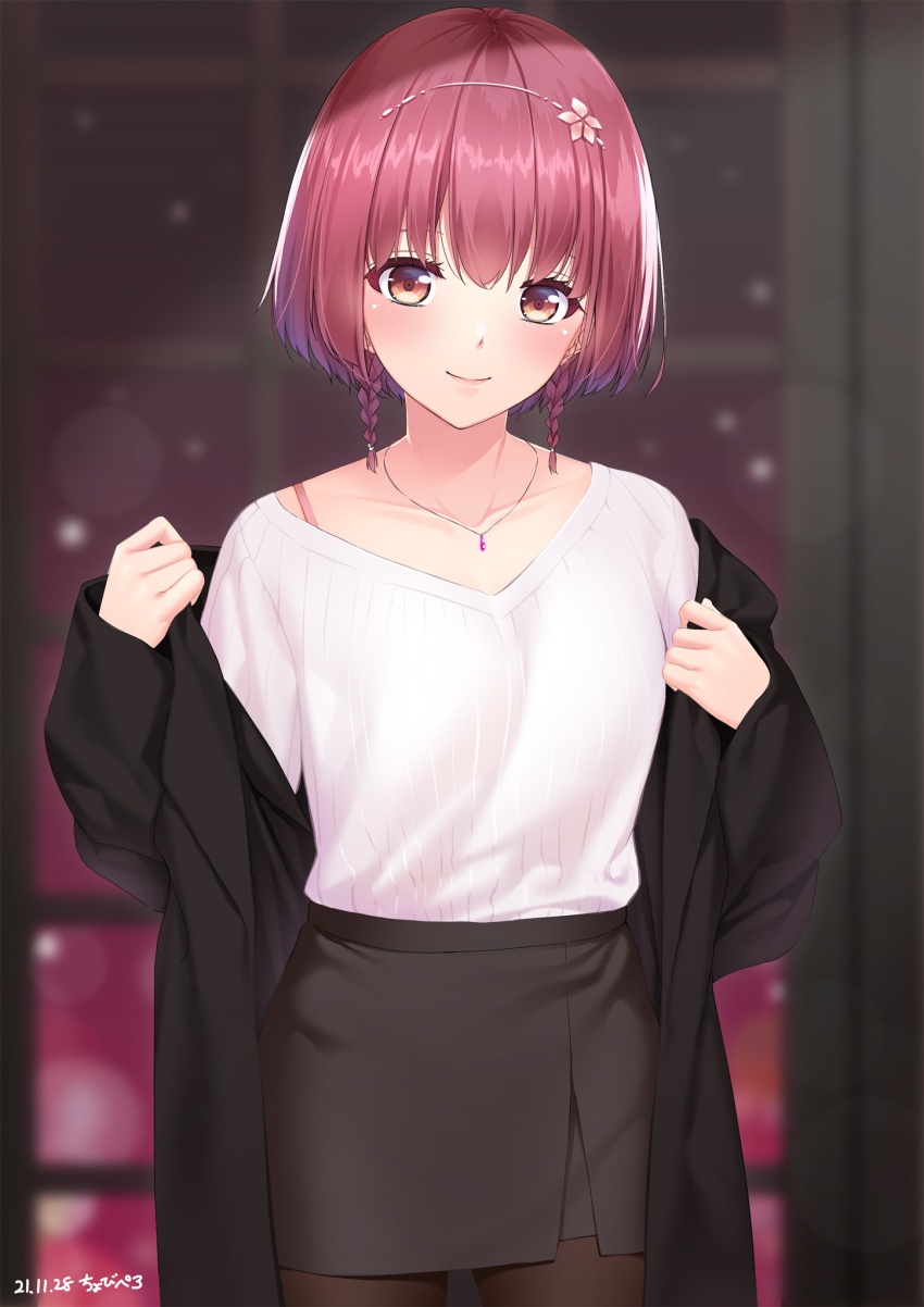 1girl azuki_nagamitsu_(tenka_hyakken) bangs black_coat black_skirt blurry blurry_background blush bra_strap braid breasts brown_eyes brown_legwear chobipero coat collarbone colored_tips cowboy_shot dated flower gradient_hair hair_flower hair_ornament hairband hands_up highres jewelry lipgloss long_sleeves looking_at_viewer miniskirt multicolored_hair necklace open_clothes open_coat pantyhose pencil_skirt pendant purple_hair red_hair ribbed_sweater short_hair_with_long_locks skirt sleeves_past_wrists smile solo standing streaked_hair sweater tenka_hyakken twin_braids undressing v-neck white_sweater