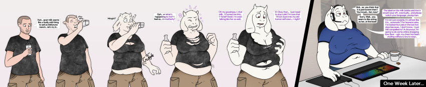 2021 absurd_res annoyed anthro axiomtf big_breasts boss_monster bottomwear bovid breast_growth breasts caprine clothing computer_mouse dialogue drinking english_text female furniture gaming gender_transformation growth hair hand_on_breast hi_res horn horn_growth human human_to_anthro keyboard_(computer) long_image looking_down male mammal mind_control mtf_transformation navel overweight overweight_female pants playing_videogame prurientpie sitting solo species_transformation surprise table text toriel torn_clothing transformation undertale undertale_(series) unseen_character video_games weight_gain white_body wide_image
