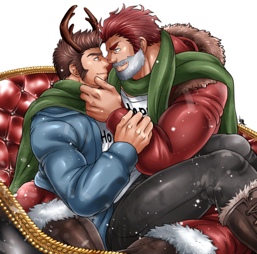 2boys alternate_costume alternate_skin_color antlers arm_grab bara beard blue_eyes blue_jacket boots brown_hair christmas clothes_writing commission couple dark-skinned_male dark_skin english_text eye_contact facial_hair fake_beard fake_facial_hair fate/grand_order fate_(series) fur-trimmed_jacket fur_trim goatee green_scarf hand_on_another's_face hood hooded_jacket imminent_kiss iskandar_(fate) jacket kemonomimi_mode knee_boots leather leather_boots leather_pants long_sideburns looking_at_another male_focus mature_male multiple_boys muscular muscular_male napoleon_bonaparte_(fate) noses_touching pants red_eyes red_hair red_jacket reindeer_antlers revision scarf shared_scarf shirt short_hair sideburns sitting sitting_on_lap sitting_on_person skeb_commission sleigh smile snowing spread_legs sunfight0201 thick_thighs thighs white_shirt yaoi