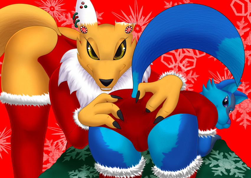 absurd_res anthro bandai_namco butt canid canine canis christmas clothing digimon digimon_(species) duo female female/female footwear fox hi_res holidays legwear mammal mike_santos simple_background socks thigh_clothing thigh_highs thigh_socks wolf