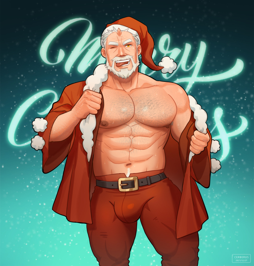 1boy :p abs bara bare_pectorals beard bulge cerberus_arts chest_hair christmas facial_hair feet_out_of_frame fur-trimmed_jacket fur_trim highres hogen_(housamo) horns jacket large_pectorals looking_at_viewer male_focus mature_male merry_christmas muscular muscular_male mustache navel navel_hair nipples old old_man open_clothes open_jacket pants pectorals red_jacket red_pants seductive_smile short_hair single_horn smile solo stomach thick_thighs thighs tokyo_afterschool_summoners tongue tongue_out undressing yellow_eyes