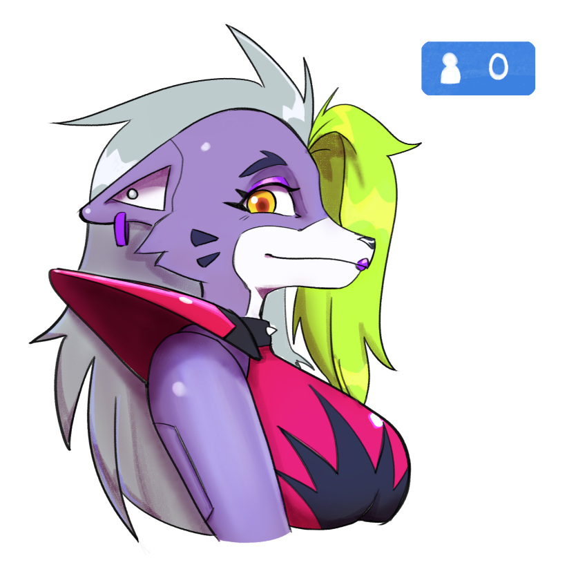 1:1 2021 animatronic anthro breasts canid canine canis clothed clothing ear_piercing ear_ring elixir_(artist) eyeshadow female five_nights_at_freddy's five_nights_at_freddy's:_security_breach fur green_hair grey_body grey_fur grey_hair hair hi_res looking_at_viewer machine makeup mammal multicolored_hair piercing purple_eyeshadow robot roxanne_wolf_(fnaf) scottgames simple_background solo two_tone_hair video_games wolf