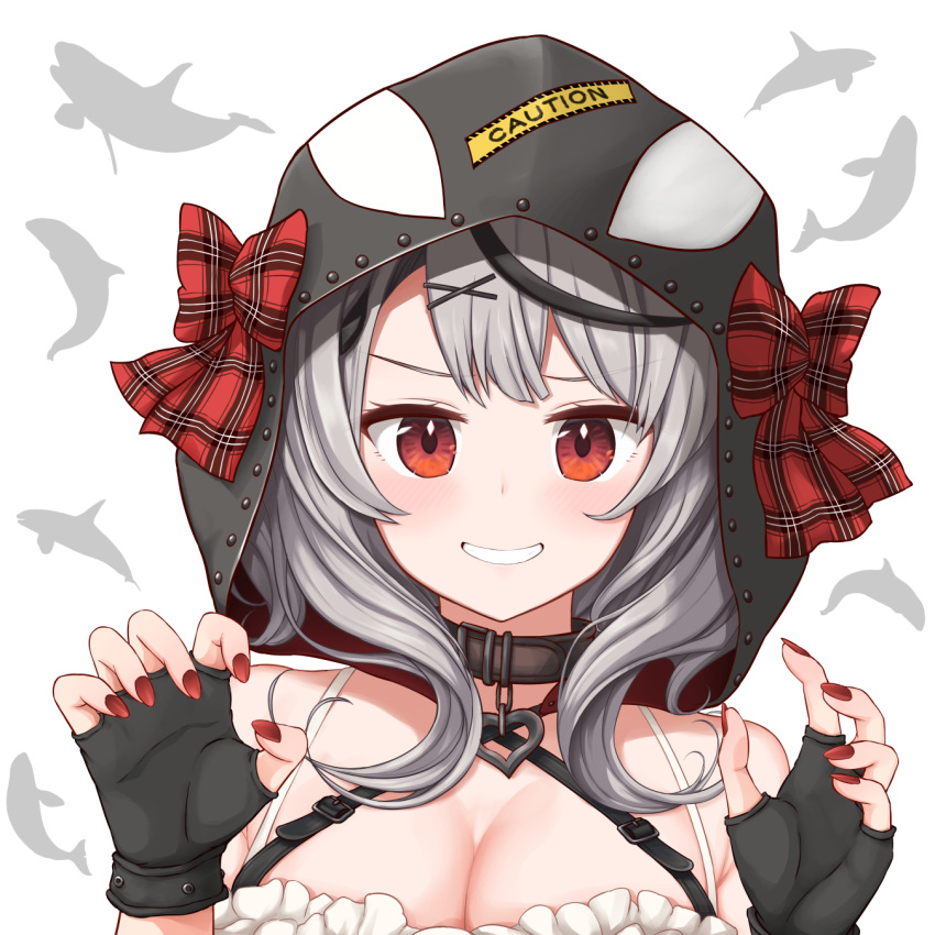 1girl bangs bare_shoulders black_gloves black_hair bow breasts brown_collar buckle camisole caution claw_pose cleavage collar commentary_request eyebrows_visible_through_hair fingerless_gloves frilled_camisole frills gloves grey_hair grin hair_ornament hands_up heart heart_collar highres hololive hood hood_up looking_at_viewer medium_breasts medium_hair multicolored_hair nail_polish orca_hood patyu3 plaid plaid_bow red_bow red_eyes red_nails sakamata_chloe sidelocks smile solo streaked_hair swept_bangs upper_body virtual_youtuber white_background white_camisole x_hair_ornament