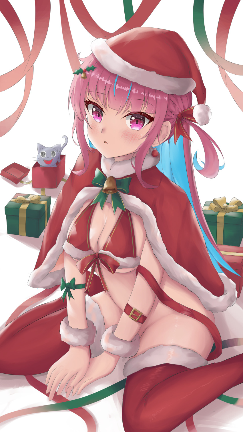 1girl absurdres ahoge arm_belt bangs bell between_legs bikini blue_hair blunt_bangs blush bow box breasts christmas cleavage colored_inner_hair eyebrows_visible_through_hair gift gift_box green_bow green_ribbon hair_ornament hair_ribbon hand_between_legs highres holly_hair_ornament hololive large_breasts long_hair looking_at_viewer minato_aqua multicolored_hair namikare neck_bell neko_(minato_aqua) open_mouth parted_lips purple_eyes purple_hair red_legwear red_ribbon ribbon santa_bikini santa_costume sidelocks solo streaked_hair swimsuit thighhighs thighs twintails two-tone_hair virtual_youtuber wrist_cuffs