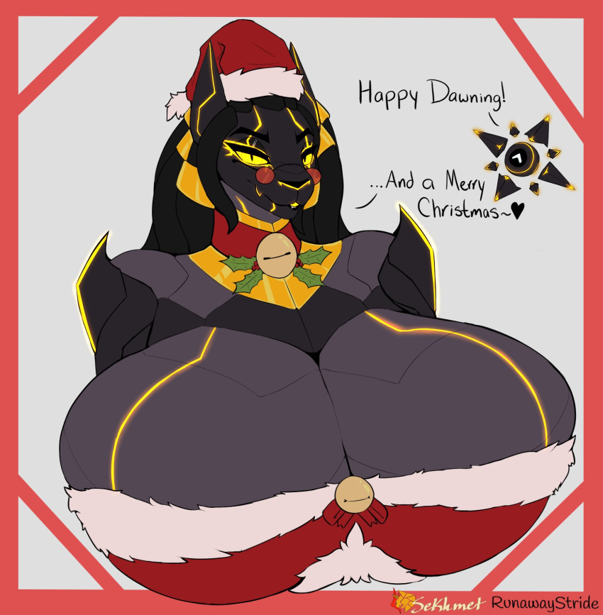 anthro bell big_breasts breasts bust_portrait christmas christmas_clothing christmas_headwear clothing destiny_(video_game) dialogue egyptian egyptian_clothing egyptian_mythology exo felid feline female ghost_(destiny) glowing glowing_eyes glowing_markings gold_(metal) gold_jewelry hat headgear headwear hi_res holiday_message holidays huge_breasts jewelry lion machine mammal markings mature_anthro mature_female metallic_body middle_eastern_mythology mythology pantherine portrait robot robotic runawaystride santa_hat sekhmet_(egyptianexo) solo watermark yellow_eyes