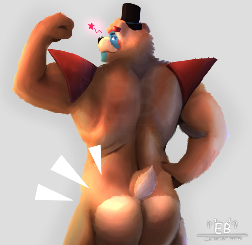 &lt;3 2021 absurd_res animatronic anthro big_butt big_muscles butt clothing ear_piercing ear_ring emanata eyebrows facial_markings five_nights_at_freddy's five_nights_at_freddy's:_security_breach flexing fur glamrock_freddy_(fnaf) grey_background hand_on_hip hat head_markings headgear headwear hi_res jayjay_(artist) looking_at_viewer looking_back looking_back_at_viewer machine male mammal markings muscular muscular_anthro muscular_male narrowed_eyes nude piercing rear_view robot scottgames shoulder_pads simple_background smile solo standing top_hat tuft ursid video_games