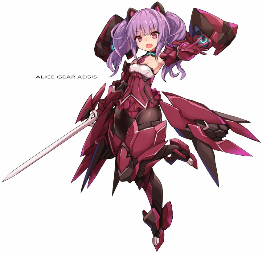 1girl alice_gear_aegis bangs bare_shoulders commentary_request copyright_name eyebrows_visible_through_hair full_body highres holding holding_sword holding_weapon ichijou_ayaka karukan_(monjya) long_hair mecha_musume open_mouth purple_hair red_eyes simple_background solo sword twintails weapon white_background