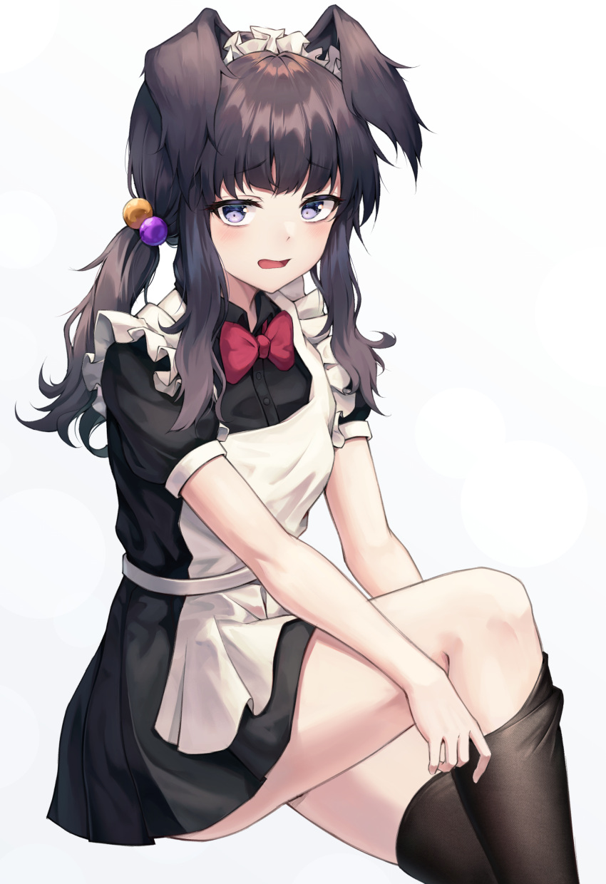 1girl absurdres alternate_costume animal_ears apron bangs black_dress black_hair blue_archive bow bowtie brown_legwear buttons collared_dress commentary dog_ears dog_girl dress dressing enmaided eyebrows_visible_through_hair frilled_apron frills hair_bobbles hair_ornament hibiki_(blue_archive) highres long_hair looking_at_viewer maid maid_apron maid_headdress open_mouth pleated_dress puffy_short_sleeves puffy_sleeves purple_eyes red_bow red_bowtie sarika shiny shiny_hair short_dress short_sleeves sidelocks simple_background sitting solo thighhighs white_apron white_background