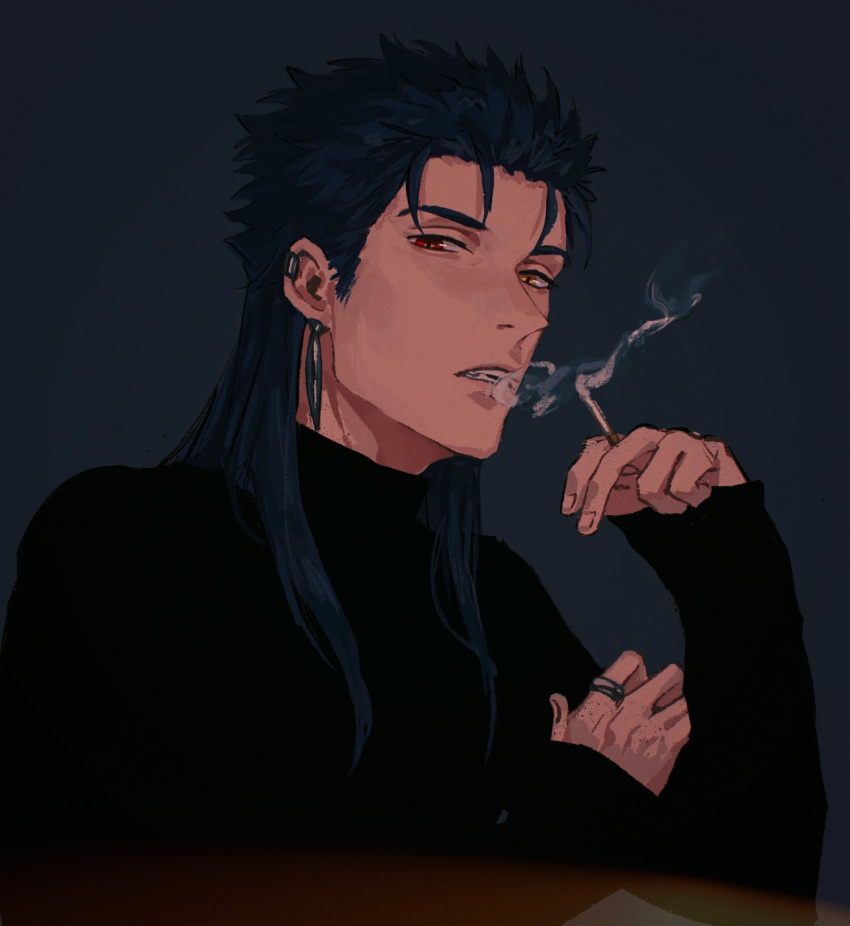 1boy black_sweater blue_hair cigarette cu_chulainn_(caster)_(fate) cu_chulainn_(fate) earrings fate/grand_order fate_(series) heterochromia highres holding holding_cigarette jewelry long_hair long_sleeves looking_at_viewer male_focus multiple_earrings open_mouth red_eyes ring simple_background smoke smoking solo spiked_hair sweater turtleneck turtleneck_sweater uniwa_mochikawa yellow_eyes