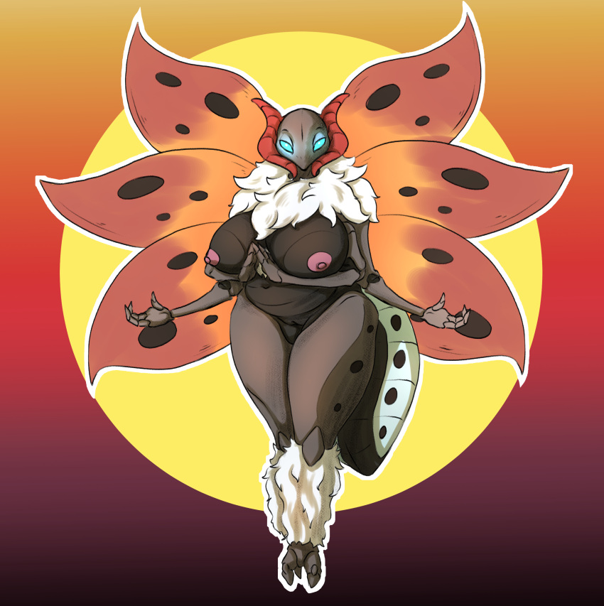 absurd_res anthro arthropod blue_eyes breasts brown_body claws female fur genitals hi_res insect mature_female multi_arm multi_limb multi_wing nintendo nipples pok&eacute;mon pok&eacute;mon_(species) pussy simple_background solo tolerain_(artist) video_games volcarona white_body white_fur wings