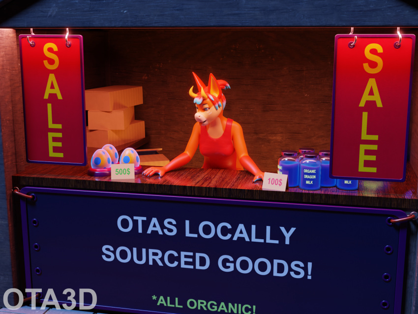 anthro box clothed clothing container cum_container cum_jar egg female hi_res ota3d sale sign solo store storefront tongue tongue_out