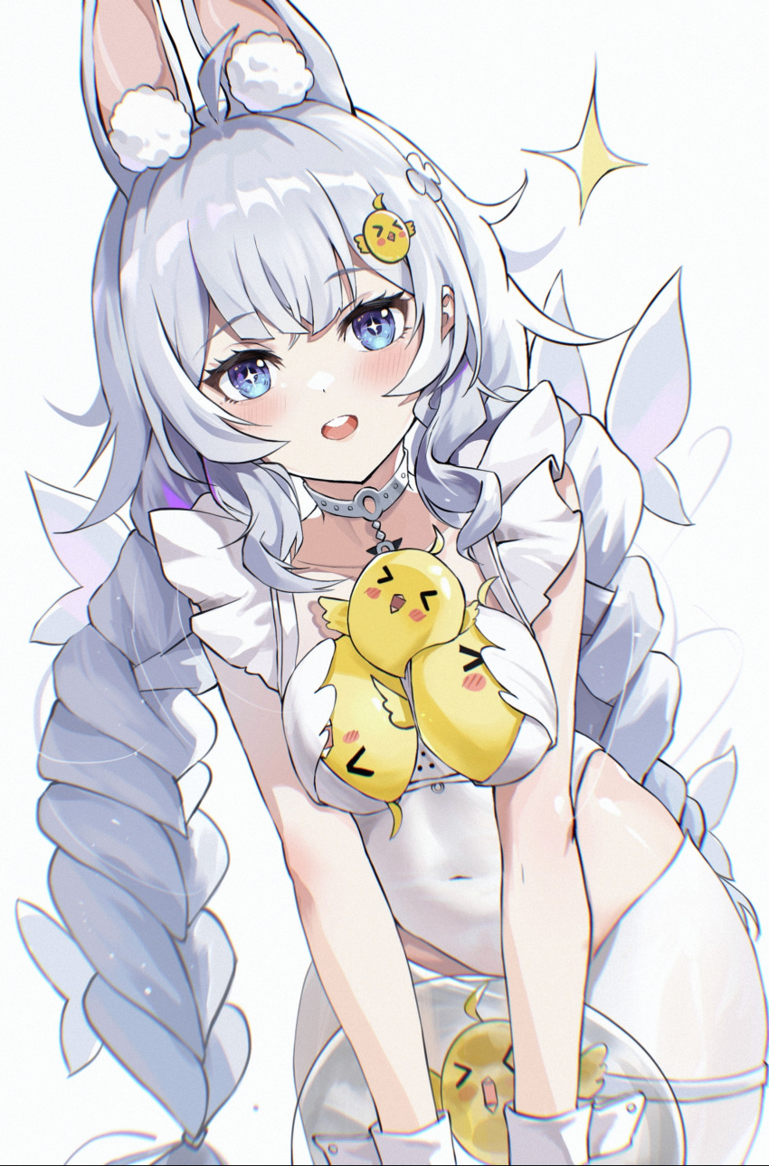 1girl absurdres animal_ears azur_lane bangs bare_arms blue_eyes blush braid breast_padding breasts di_qi_gang_guang eyebrows_visible_through_hair hair_ornament hairclip highres jewelry le_malin_(azur_lane) le_malin_(listless_lapin)_(azur_lane) long_hair looking_at_viewer manjuu_(azur_lane) neck_ring open_mouth pantyhose playboy_bunny rabbit_ears scrunchie silver_hair simple_background small_breasts solo twin_braids twintails white_legwear wrist_scrunchie