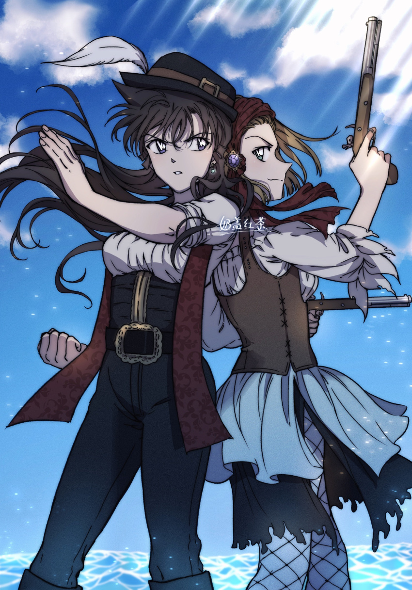 2girls back-to-back belt black_belt black_pants blue_eyes blue_sky brown_hair closed_mouth cloud day dual_wielding floating_hair gun handgun hat highres holding holding_gun holding_weapon long_hair long_sleeves looking_at_viewer meitantei_conan mouri_ran multiple_girls nai_gai_hongcha outdoors pants parted_lips pirate_hat shirt short_hair sky smile smug stance standing sunlight suzuki_sonoko v-shaped_eyebrows very_long_hair weapon white_feathers white_shirt