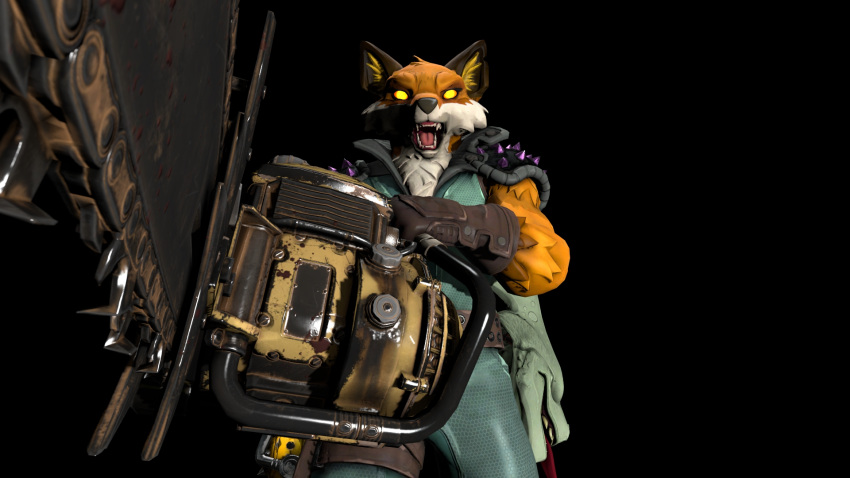 3d_(artwork) angry anthro blood bodily_fluids canid canine chainsaw clothed clothing decapitation digital_media_(artwork) doom_(series) epic_games fennix fennix_(fortnite) first_person_view fortnite fox fully_clothed gloves handwear hi_res holding_object holding_weapon id_software looking_at_viewer male mammal open_mouth power_tool severed_head shoulder_pads solo source_filmmaker teeth tools video_games weapon