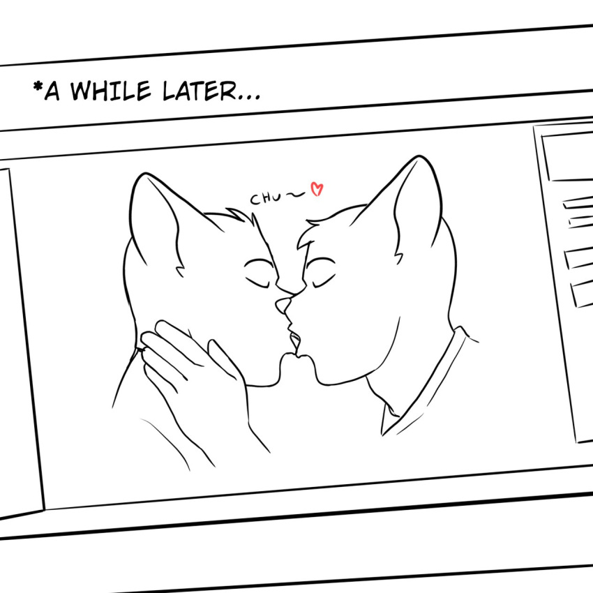 1:1 anjing_kampuss anthro black_and_white canid canine computer_screen digital_sketch drawing duo eyes_closed hand_on_cheek hi_res kissing male male/male mammal monochrome passionate_kiss screen