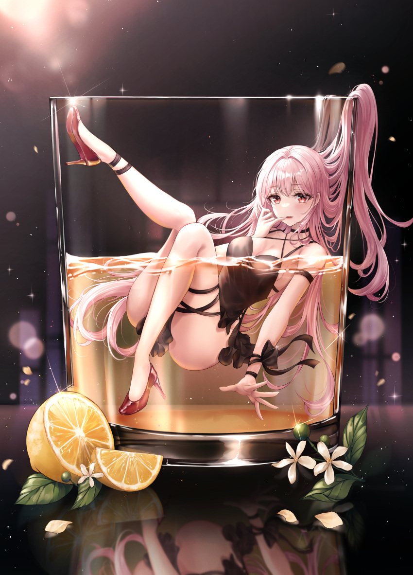 1girl absurdres alcohol bangs black_dress blush breasts cleavage cup dress finger_to_mouth food fruit hair_flowing_over high_heels highres in_container in_cup lemon long_hair looking_at_viewer medium_breasts mole mole_under_eye open_mouth original partially_submerged pink_eyes pink_hair pippin_sol reflection solo thighs whiskey
