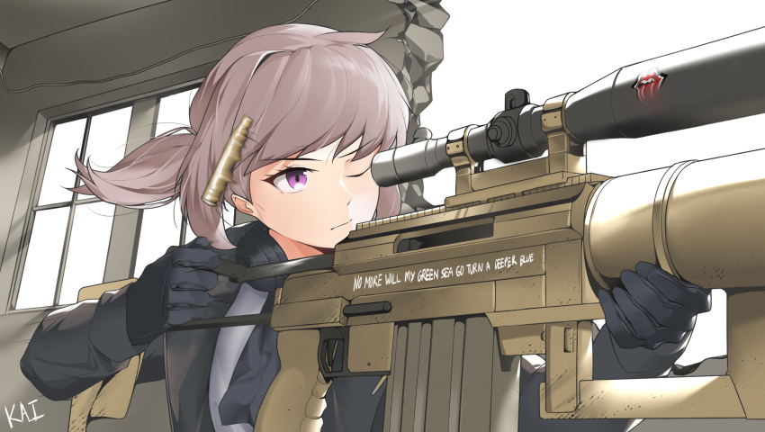 1girl anti-materiel_rifle black_gloves bolt_action brown_hair casing_ejection cheytac_m200 commentary english_commentary english_text eyebrows_visible_through_hair girls'_frontline gloves gun headphones headphones_around_neck highres holding holding_gun holding_weapon jacket kaicchi lyrics m200_(girls'_frontline) one_eye_closed ponytail purple_eyes rifle scope shell_casing shirt signature sniper_rifle solo the_rolling_stones weapon white_shirt
