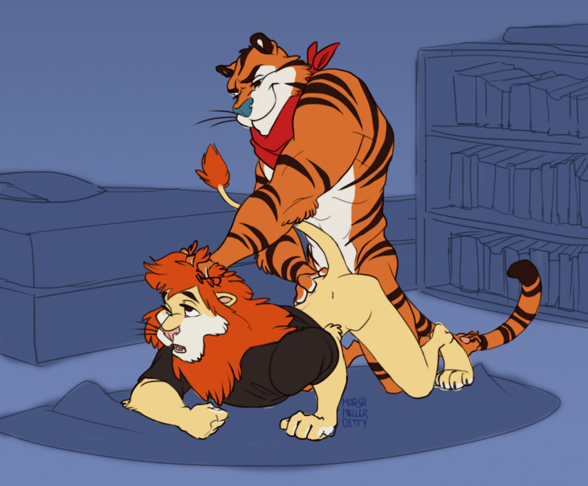 anthro anthro_on_anthro anthro_penetrated anthro_penetrating anthro_penetrating_anthro bottomless clothed clothing d.a.r.e. daren duo felid frosted_flakes kellogg's lion male male/male male_penetrated male_penetrating male_penetrating_male mammal marshmellerditty mascot mostly_nude neckerchief pantherine penetration tiger tony_the_tiger