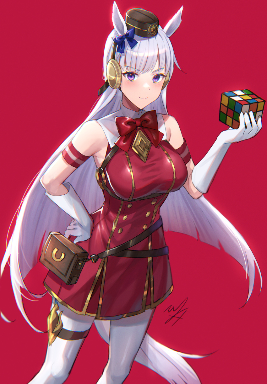 1girl absurdres animal_ears bangs blunt_bangs breasts cowboy_shot dress ear_bow gloves gold_ship_(umamusume) grey_hair highres hitomin_(ksws7544) holding horse_ears horse_girl horse_tail long_hair medium_breasts pantyhose pillbox_hat purple_eyes red_background red_dress red_headwear rubik's_cube simple_background solo tail umamusume white_gloves white_legwear