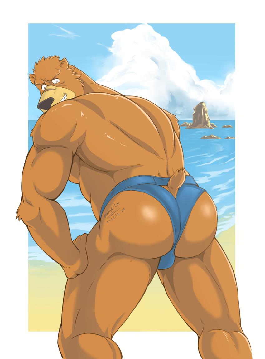 absurd_res anonymous_artist anthro ass_up beach big_butt brown_body butt clothed clothing fur hair hi_res linorange0212 looking_at_viewer male mammal sea seaside smile solo ursid water