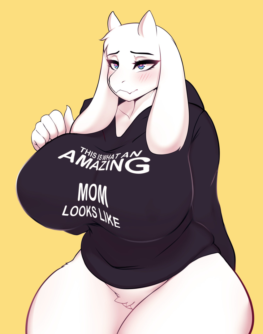 &lt;3 &lt;3_eyes 5_fingers absurd_res anthro big_breasts blue_eyes blush boss_monster bottomless bovid breasts caprine clothed clothing curvy_figure english_text female fingers floppy_ears fur genitals hi_res hoodie horn huge_breasts long_ears mammal mature_anthro mature_female ownychan pussy simple_background solo text thick_thighs topwear toriel undertale undertale_(series) video_games voluptuous white_body white_fur wide_hips yellow_background