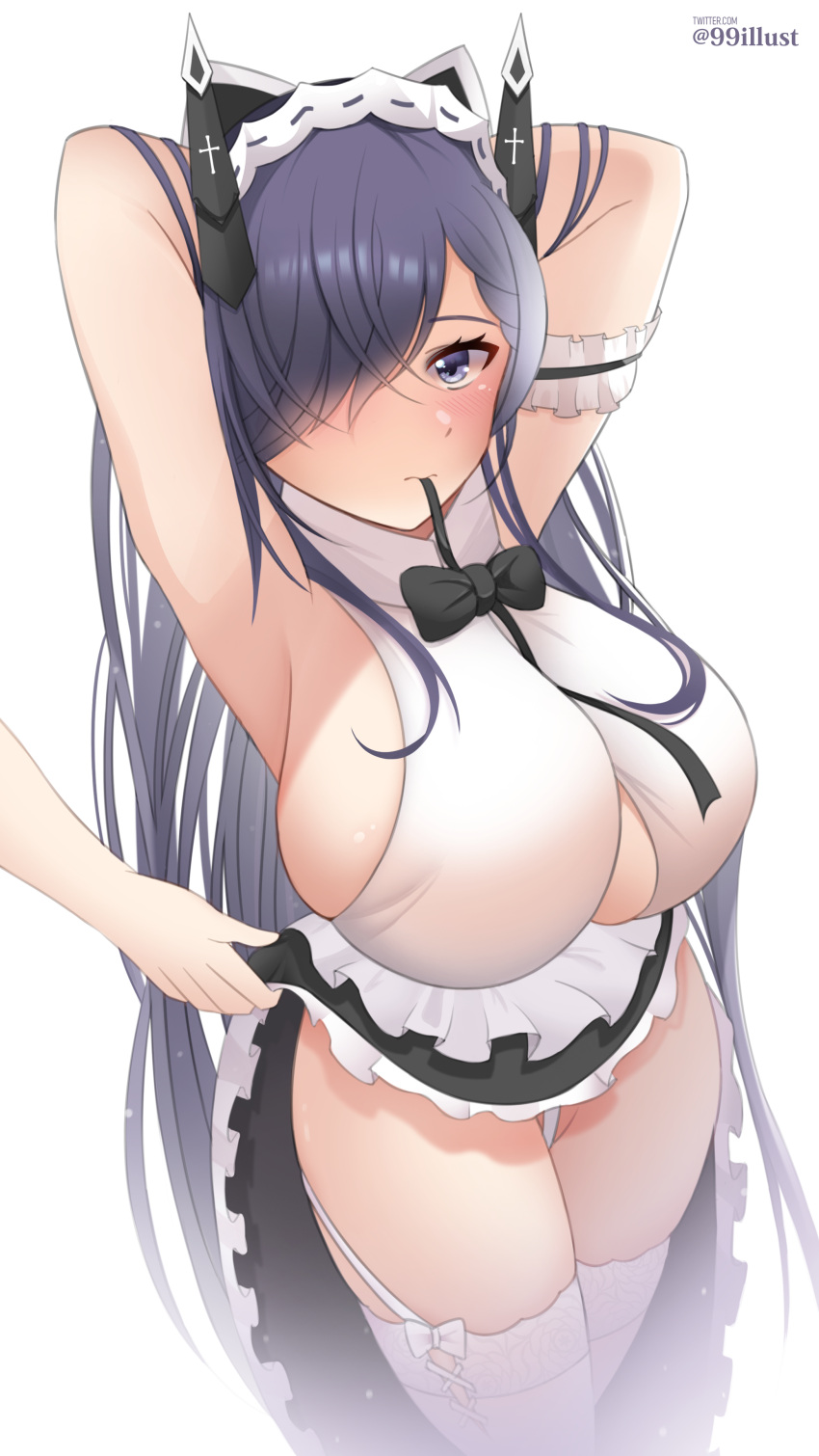 1girl 99illust absurdres animal_ears armpits arms_behind_back august_von_parseval_(azur_lane) azur_lane black_bow black_skirt bow breasts cat_ears clothing_cutout curled_horns curvy fake_animal_ears frilled_skirt frills hair_over_one_eye highres horns huge_breasts long_hair looking_at_viewer maid mechanical_horns official_alternate_costume purple_eyes purple_hair shirt simple_background skirt sleeveless sleeveless_shirt solo thighhighs underboob_cutout very_long_hair white_background white_garter_straps white_legwear white_shirt