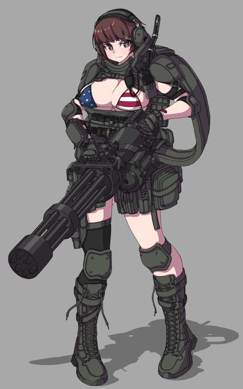 american_flag_bikini armor bangs bikini boots breasts brown_eyes brown_hair brups_tv cleavage commission elbow_pads english_commentary flag_print gatling_gun gloves green_footwear green_gloves gun headphones highres holding holding_gun holding_weapon knee_pads large_breasts military original short_hair single_thighhigh smile swimsuit thighhighs weapon