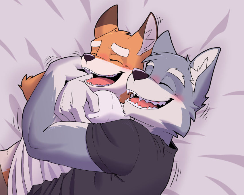 anjing_kampuss anthro bed blush bottomwear canid canine canis clothed clothing cuddling drunk duo electron_(anjing) embrace fox furniture happy hi_res hug hugging_from_behind lying lying_on_bed male male/male mammal on_bed pants proton_(anjing) raised_clothing raised_shirt raised_topwear shirt smile substance_intoxication topwear wolf