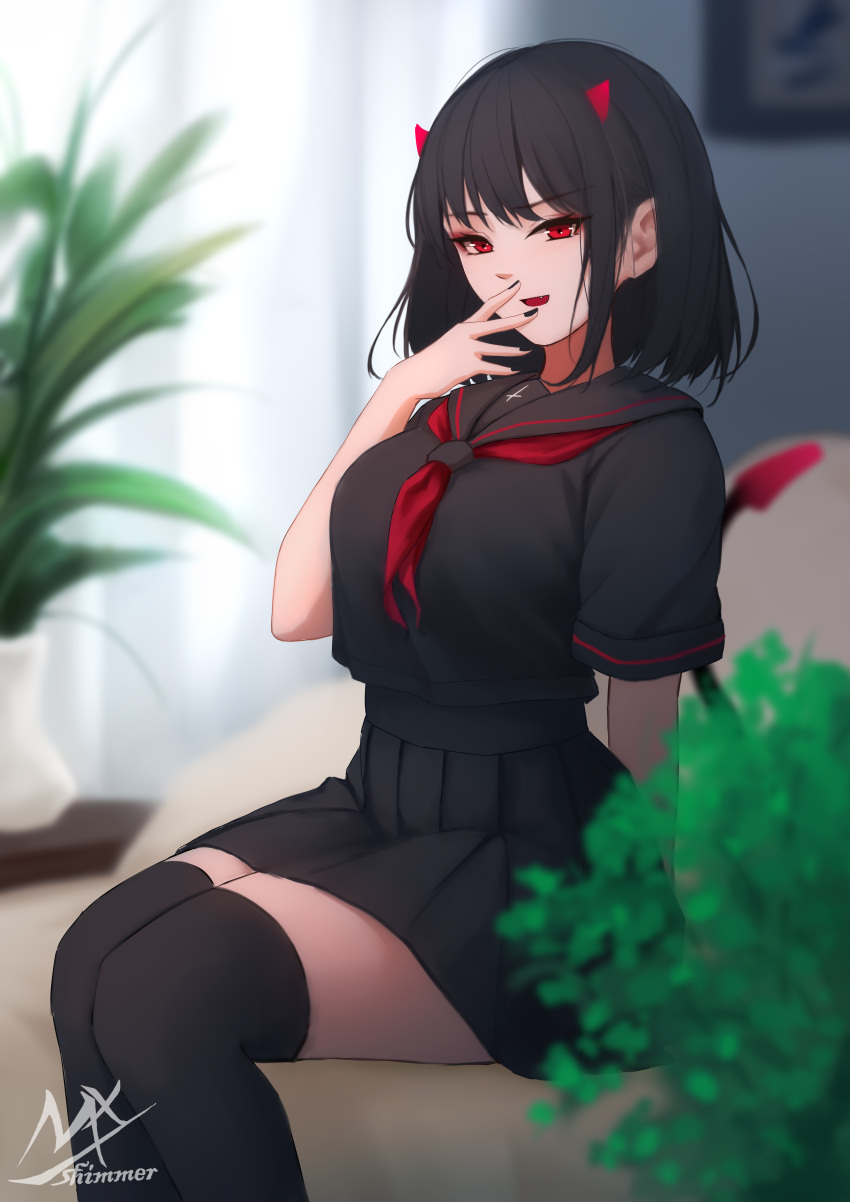 1girl :d absurdres artist_name bangs black-haired_demon_girl_(shimmer) black_hair black_legwear black_nails black_sailor_collar black_serafuku black_shirt black_skirt blurry blurry_background breasts couch day demon_girl demon_horns demon_tail depth_of_field eyebrows_visible_through_hair hand_to_own_mouth hand_up highres horns indoors looking_at_viewer medium_breasts nail_polish neckerchief on_couch original plant pleated_skirt potted_plant red_eyes red_neckerchief sailor_collar school_uniform serafuku shimmer shirt skirt smile solo tail thighhighs