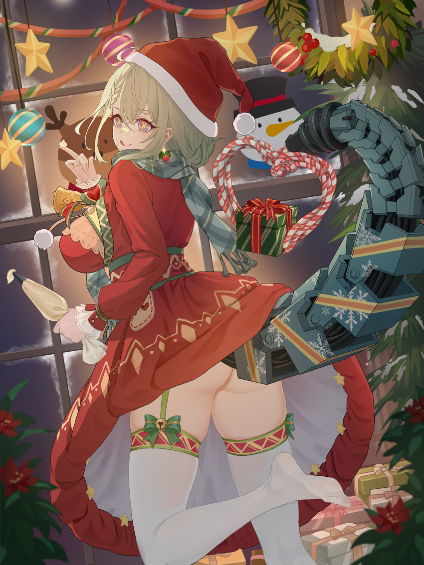 1girl :q ass bell blue_eyes box braid breasts christmas christmas_ornaments christmas_tree de_lacey_(girls'_frontline_nc) dress earrings eyebrows_visible_through_hair food food_on_face from_behind garter_straps gift gift_box girls'_frontline girls'_frontline_neural_cloud green_hair green_scarf hat highres icing jewelry jingle_bell large_breasts leg_up licking_lips looking_at_viewer looking_back mechanical_tail mole mole_under_mouth moran_(pixiv27824646) multicolored_eyes no_panties no_shoes pastry_bag red_dress red_eyes santa_hat scarf smile soles solo symbol-shaped_pupils tail thighhighs tongue tongue_out white_legwear window x-shaped_pupils