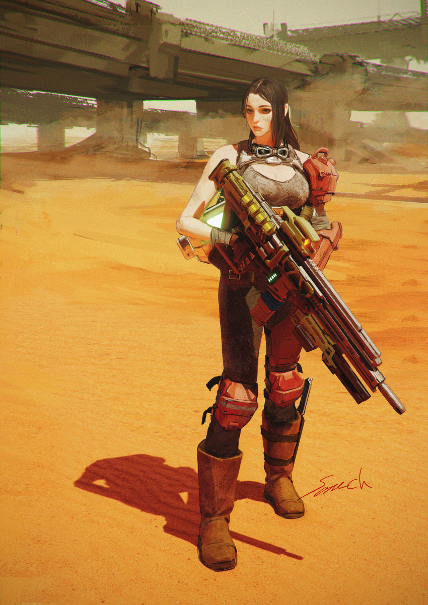1girl absurdres artist_name black_eyes black_hair black_pants breasts bridge cleavage goggles goggles_around_neck grey_camisole gun hair_behind_ear highres holding holding_gun holding_weapon knee_pads medium_breasts original pants parted_lips science_fiction shadow solo sonech wasteland weapon
