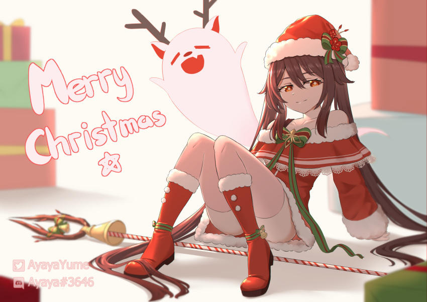 1girl antlers ass bell boots brown_hair christmas flat_chest genshin_impact ghost gift hat highres hu_tao_(genshin_impact) long_hair looking_away merry_christmas red_eyes reindeer_antlers ribbon santa_costume santa_hat shorts sinyamato96 sitting smile solo symbol-shaped_pupils thighs twintails