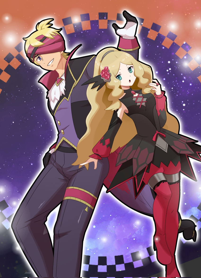 1boy 1girl ascot black_dress blonde_hair blue_eyes caitlin_(pokemon) dress gloves hair_ornament halloween headband highres jewelry long_hair morty_(pokemon) official_alternate_costume one_eye_covered pokemon pokemon_(game) pokemon_masters_ex ponytail purple_eyes ring saon101 short_hair sidelocks very_long_hair white_ascot