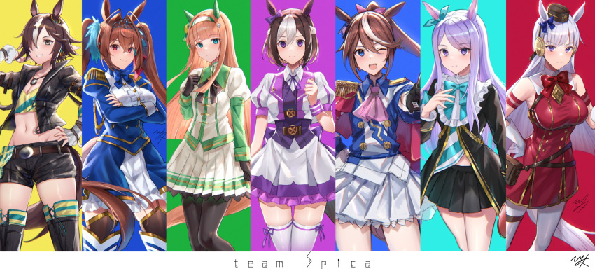 6+girls ;d absurdres animal_ears antenna_hair aqua_background aqua_ribbon asymmetrical_gloves bangs black_gloves black_jacket black_legwear black_shorts black_skirt blue_background blue_eyes blunt_bangs breasts brown_eyes brown_hair closed_mouth cowboy_shot crossed_arms daiwa_scarlet_(umamusume) dress ear_bow ear_ribbon epaulettes eyebrows_visible_through_hair gloves gold_ship_(umamusume) green_background grey_hair hair_between_eyes hair_over_one_eye hand_on_hip highres hitomin_(ksws7544) holding horse_ears horse_girl horse_tail jacket long_hair long_sleeves looking_at_viewer medium_breasts mejiro_mcqueen_(umamusume) midriff mismatched_gloves multicolored_hair multiple_girls navel one_eye_closed orange_hair pantyhose parted_bangs pillbox_hat pleated_skirt ponytail puffy_long_sleeves puffy_short_sleeves puffy_sleeves purple_background purple_eyes purple_hair red_background red_dress red_eyes red_hair red_headwear ribbon rubik's_cube short_hair short_sleeves shorts signature silence_suzuka_(umamusume) simple_background skirt smile special_week_(umamusume) standing streaked_hair tail thighhighs thighs tiara tokai_teio_(umamusume) twintails umamusume very_long_hair vodka_(umamusume) white_gloves white_hair white_legwear white_skirt yellow_background zettai_ryouiki