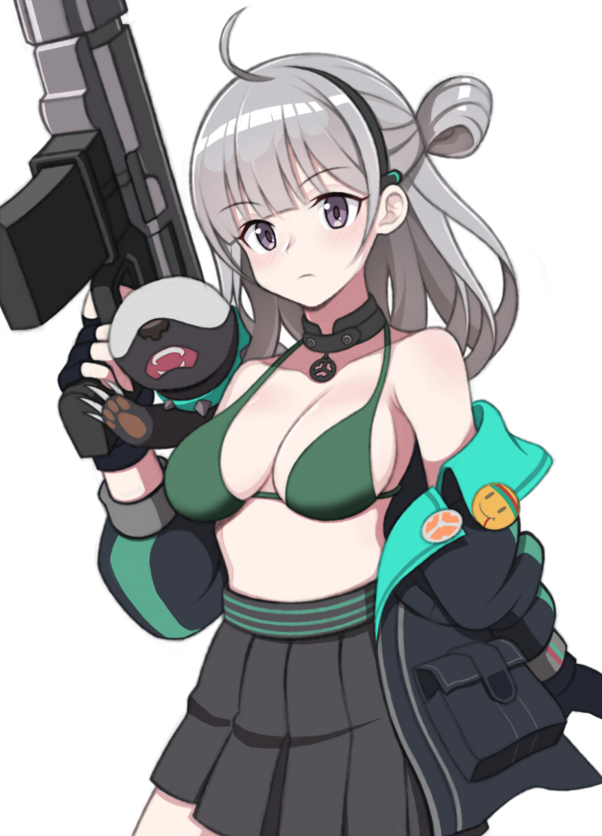 1girl ahoge animal_on_shoulder badge bare_shoulders bikini bikini_top black_gloves black_jacket black_skirt breasts button_badge choker cleavage commentary_request cowboy_shot eyebrows_visible_through_hair fingerless_gloves girls'_frontline gloves green_bikini grey_hair gun hair_bun hairband highres holding holding_gun holding_weapon honey_badger honey_badger_(girls'_frontline) honey_badger_(gun) jacket jjuwaap korean_commentary large_breasts long_hair looking_at_viewer off_shoulder pleated_skirt purple_eyes simple_background skirt solo submachine_gun swimsuit weapon white_background