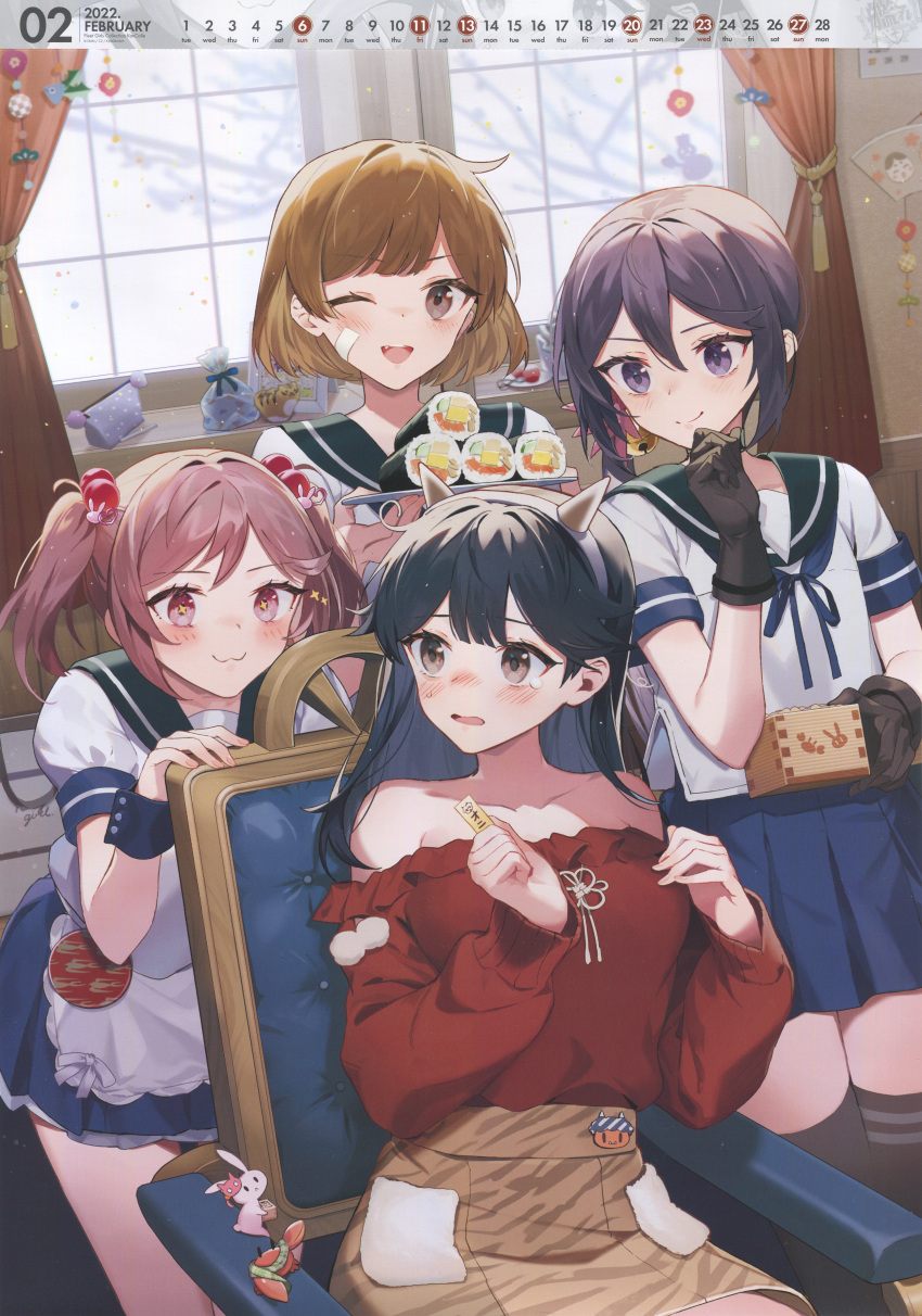 4girls :3 absurdres akebono_(kancolle) animal bandaid bandaid_on_face bell black_gloves black_hair black_legwear blue_skirt blush brown_eyes brown_skirt bunny calendar_(medium) chair crab curtains drew_(drew213g) ehoumaki eyebrows_visible_through_hair fake_horns flower food gloves green_sailor_collar hair_bell hair_between_eyes hair_bobbles hair_flower hair_ornament highres horns incredibly_absurdres jingle_bell kantai_collection light_brown_hair long_hair long_sleeves makizushi masu multiple_girls oboro_(kancolle) off-shoulder_shirt off_shoulder official_art one_eye_closed oni_horns open_mouth pet pink_eyes pink_flower pink_hair pleated_skirt purple_eyes purple_hair red_shirt remodel_(kantai_collection) sailor_collar sazanami_(kancolle) scan school_uniform serafuku shirt short_hair short_sleeves side_ponytail sitting skirt smile sushi thighhighs twintails ushio_(kancolle) window wrist_cuffs