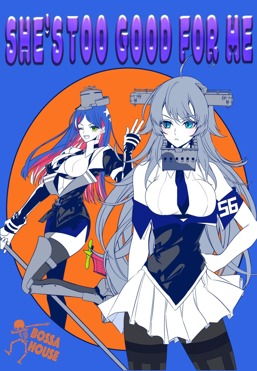 2girls :&lt; ahoge anno88888 bangs black_legwear blue_eyes blue_hair boots breasts closed_mouth commentary_request cover cover_page doujin_cover english_text eyebrows_visible_through_hair green_eyes grey_hair hair_between_eyes headgear highres holding kantai_collection large_breasts leg_up long_hair long_sleeves multicolored_hair multiple_girls necktie one_eye_closed open_mouth pantyhose red_hair rudder_footwear simple_background single_leg_pantyhose single_thighhigh skirt south_dakota_(kancolle) star_(symbol) thigh_boots thighhighs washington_(kancolle) white_hair