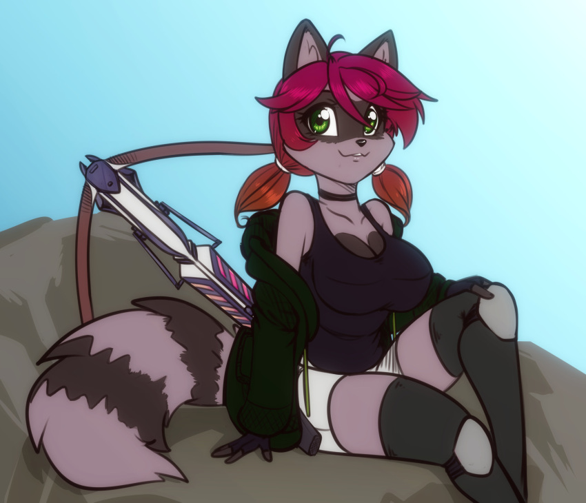 anthro bottomwear breasts brown_hair choker clothing crossbow eyebrow_through_hair eyebrows facial_markings female fur hair head_markings hi_res jacket jewelry looking_at_viewer mammal markings mask_(marking) necklace pigtails procyonid purple_hair raccoon ranged_weapon ring_(marking) ringtail scorpdk shirt shorts shoulder_tuft sitting solo tail_markings tank_top topwear translucent translucent_hair tuft weapon