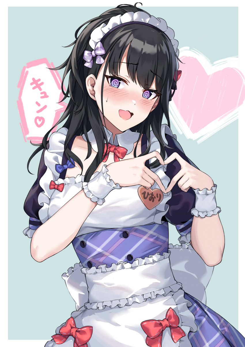 1girl @_@ apron bangs black_hair blue_background blue_bow blue_eyes blush bow bowtie breasts collarbone detached_collar dot_nose dress eyebrows_visible_through_hair frilled_dress frills hair_bow heart heart_hands highres idolmaster idolmaster_shiny_colors kazano_hiori long_hair looking_at_viewer maid maid_apron maid_headdress medium_breasts mrpeanut_88 multicolored_eyes open_mouth parted_lips plaid plaid_dress ponytail purple_bow purple_eyes red_bow red_bowtie short_sleeves sidelocks simple_background solo speech_bubble sweatdrop swept_bangs upper_body wrist_cuffs