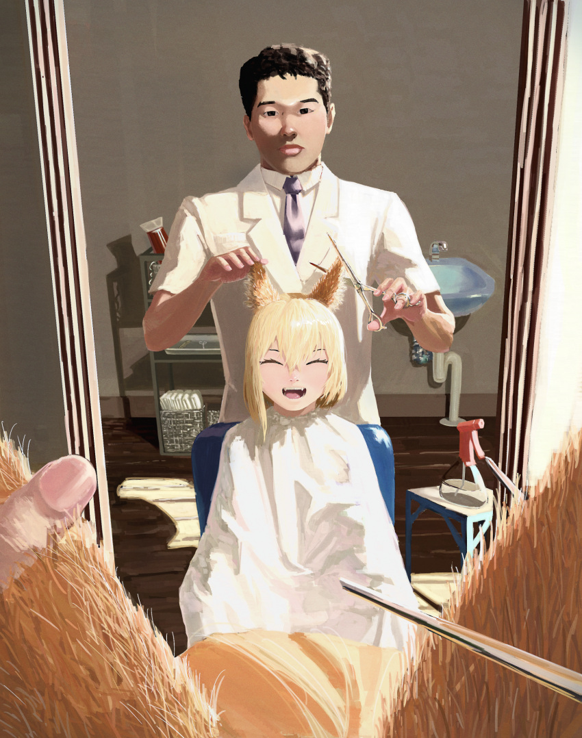 1boy 1girl alternate_costume animal_ears asymmetrical_hair bangs barber black_eyes black_hair blonde_hair bottle closed_mouth collared_shirt commentary_request cookie_(touhou) cowboy_shot fox_ears fox_girl hair_between_eyes highres holding holding_scissors indoors looking_at_viewer manatsu_no_yo_no_inmu medium_hair miramikaru_riran mirror necktie open_mouth pov purple_necktie reflection satodesu_cookie scissors shirt sidelocks sink sitting smile spray_bottle white_shirt yajuu_senpai