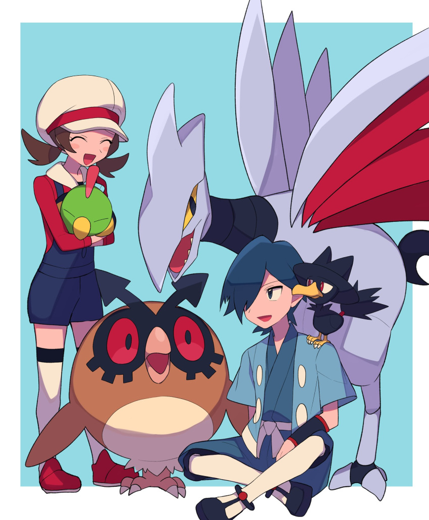 1boy 1girl black_wristband blue_hair blue_jacket blue_kimono blue_overalls brown_hair cabbie_hat falkner_(pokemon) hair_over_one_eye hat highres holding holding_pokemon hoothoot jacket japanese_clothes kimono kneehighs long_hair lyra_(pokemon) murkrow natu on_shoulder open_clothes open_jacket overalls pokemon pokemon_(creature) pokemon_(game) pokemon_hgss pokemon_on_shoulder red_footwear red_shirt sash shirt shoes short_hair short_sleeves sitting skarmory symbol-only_commentary thighhighs twintails tyako_089 white_headwear white_legwear wristband