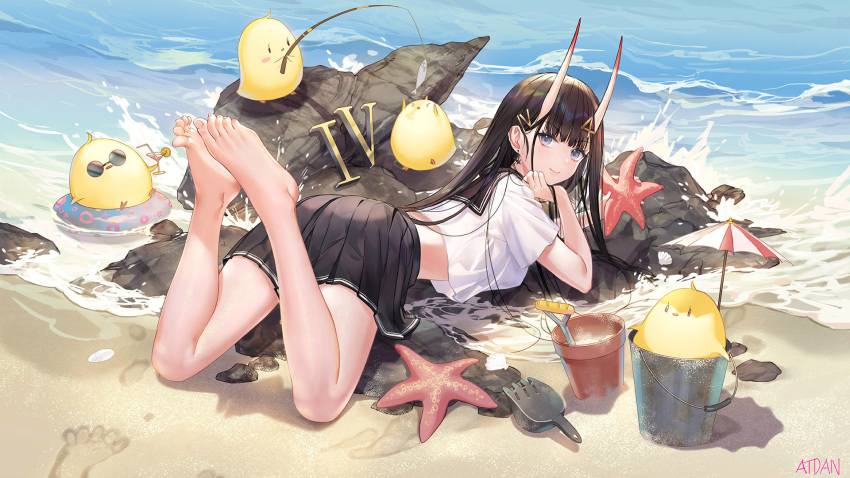 1girl ass atdan azur_lane bangs barefoot beach bird black_eyes black_hair black_sailor_collar black_skirt breasts bucket chick closed_mouth commentary crop_top crop_top_overhang day earrings english_commentary eyebrows_visible_through_hair feet from_behind full_body highres horns jewelry legs_up long_hair looking_at_viewer looking_back lying manjuu_(azur_lane) medium_breasts midriff miniskirt noshiro_(azur_lane) ocean on_stomach oni_horns outdoors pleated_skirt revision rock sailor_collar sand school_uniform serafuku shirt short_sleeves skirt smile solo starfish water white_shirt