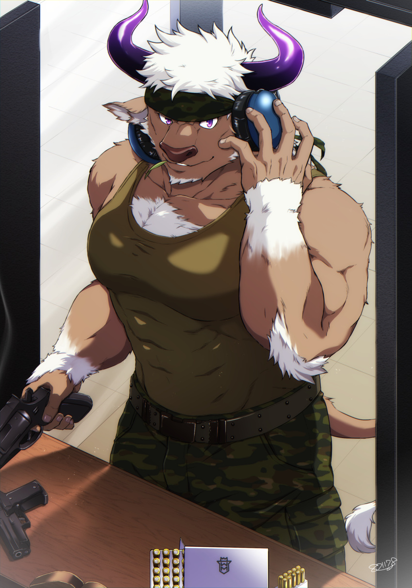 1boy abs animal_ears bara bare_shoulders brown_fur bullet camouflage camouflage_headwear camouflage_pants chest_hair commentary_request covered_abs cow_ears cow_horns cow_tail ear_protection facial_hair furry furry_male goatee green_tank_top gun handgun headband headphones headphones_around_neck highres holding holding_gun holding_weapon horns large_pectorals male_focus minotaur mint muscular muscular_male pants pectoral_cleavage pectorals purple_eyes purple_horns shennong_(housamo) shooting_range short_hair smile tail tank_top tokyo_afterschool_summoners weapon white_hair yanai_inaya